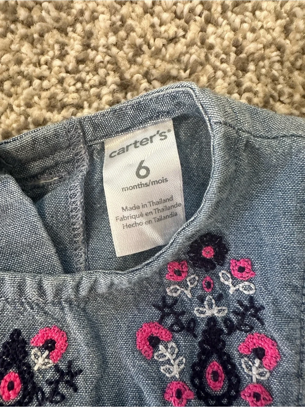 Carter's Denim Sleeveless Embroidered Tank Top - Blue with Pink & Navy Accents